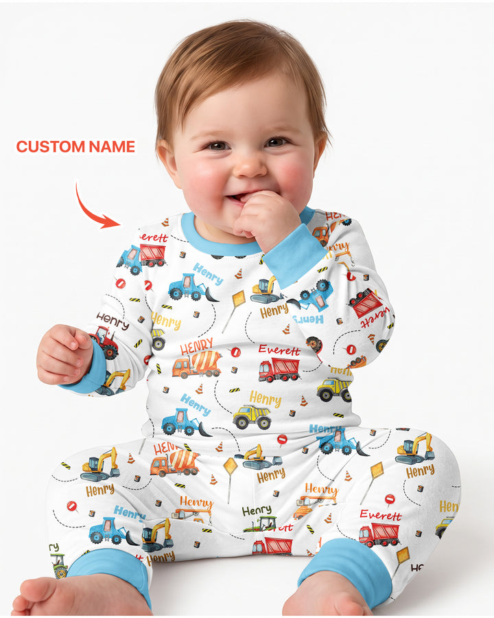 Construction Vehicles Custom Name Bamboo Two Piece Long Sleeve Pyjamas Set