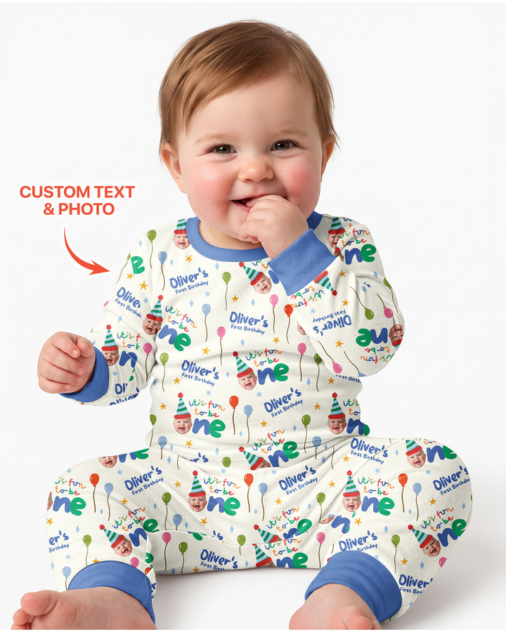 Custom Photo First Birthday Fun Bamboo Two Piece Long Sleeve Pajama Set