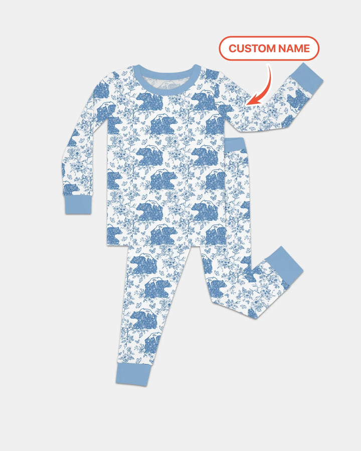 Custom Name Mama Bear Toile Bamboo Two Piece Long Sleeve Pajama Set