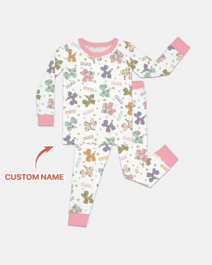 Custom Name Balloon Dog Bamboo Two Piece Long Sleeve Pajama Set