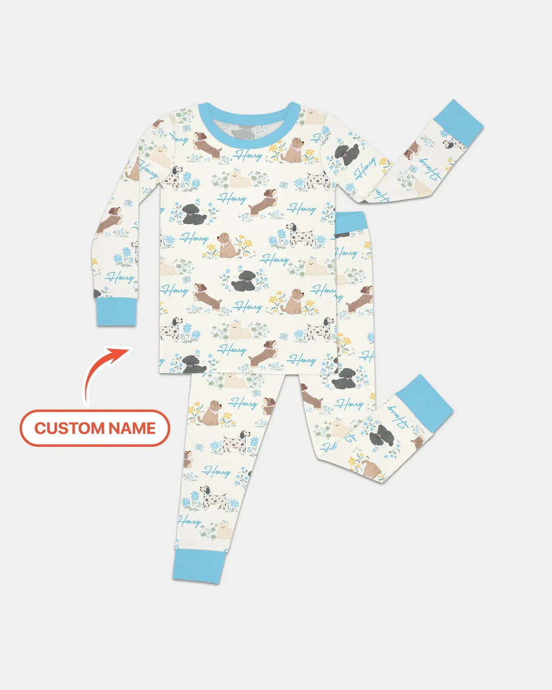 Custom Name Flower Dogs Bamboo Two Piece Long Sleeve Pajama Set