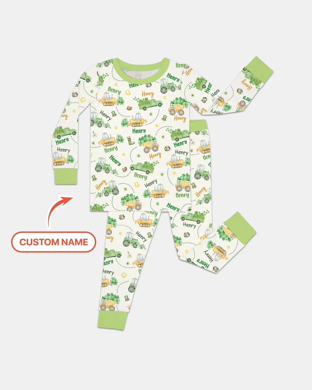 Construction St. Patrick's Day Custom Name Bamboo Two Piece Long Sleeve Pajama Set