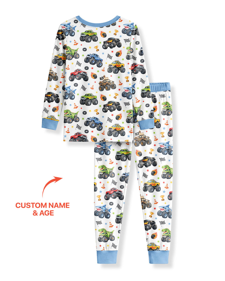 Personalized Monster Trucks Birthday Boy Bamboo Two Piece Long Sleeve Pajama Set