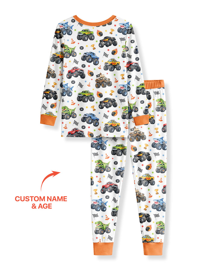 Personalized Monster Trucks Birthday Boy Bamboo Two Piece Long Sleeve Pajama Set