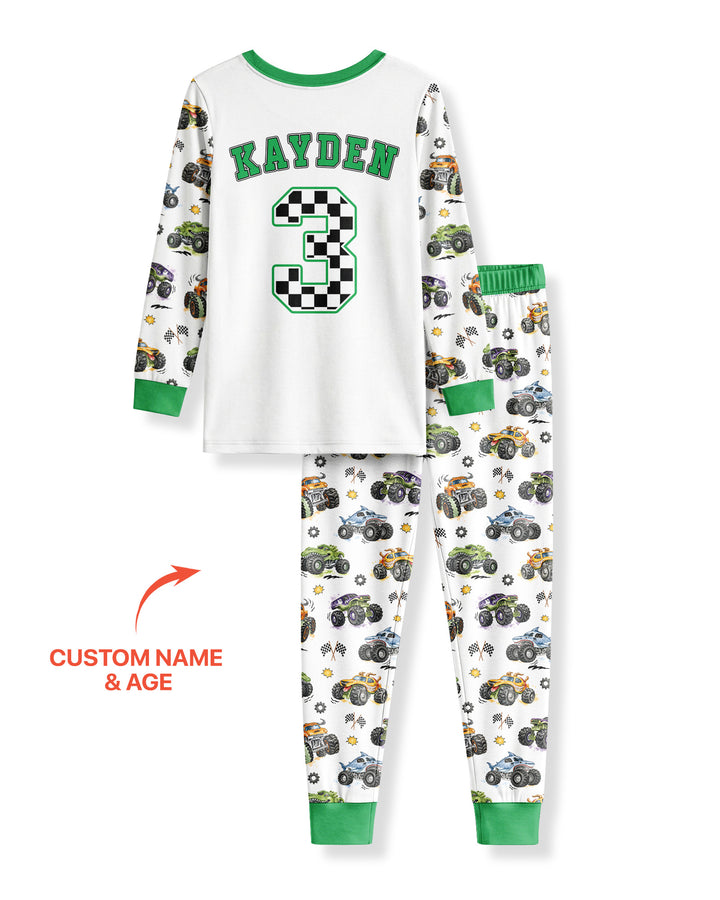 Personalized Monster Truck Birthday Bamboo Two Piece Long Sleeve Pajama Set
