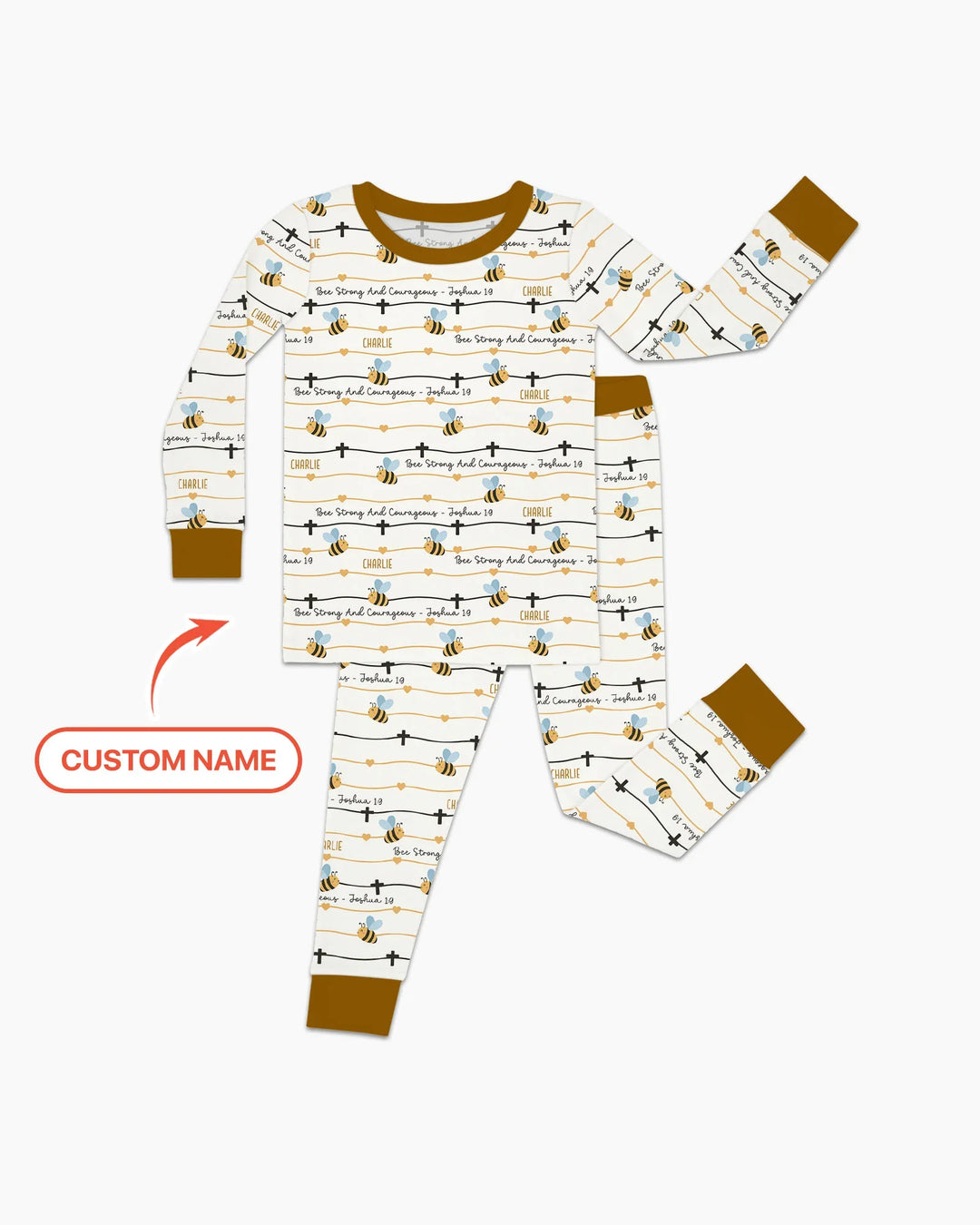 Bee Strong And Courageous Custom Name Bamboo Two Piece Long Sleeve Pajama Set