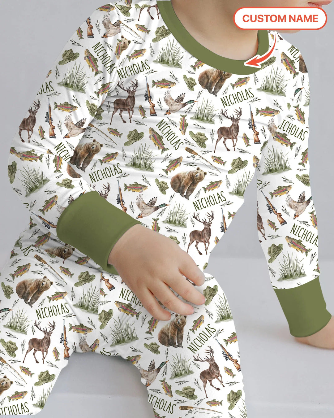 Custom Name Little Hunter Bamboo Two Piece Long Sleeve Pajama Set
