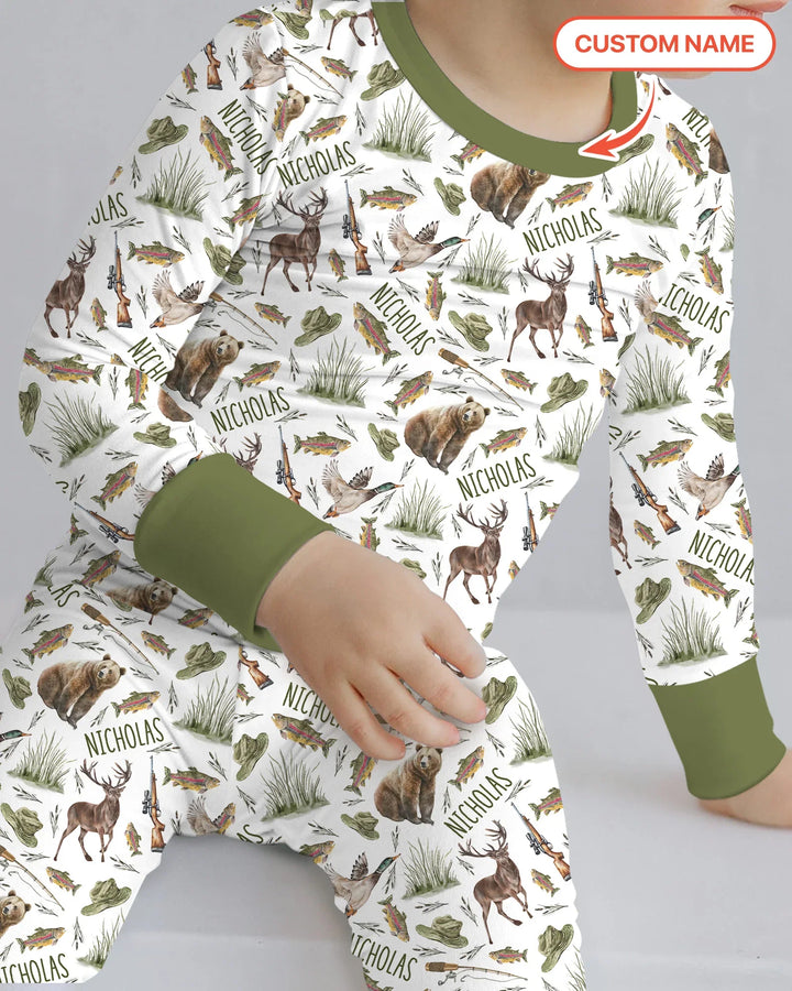 Custom Name Little Hunter Bamboo Two Piece Long Sleeve Pajama Set