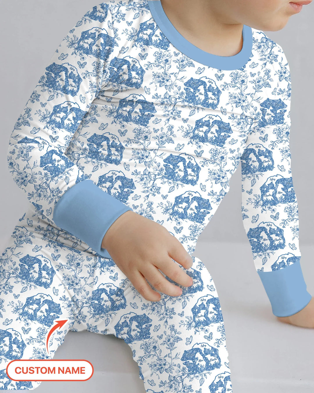 Custom Name Mama Bear Toile Bamboo Two Piece Long Sleeve Pajama Set