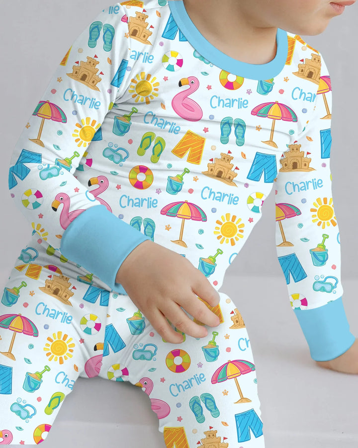 Custom Name Summer is Fun Bamboo Two Piece Long Sleeve Pajama Set