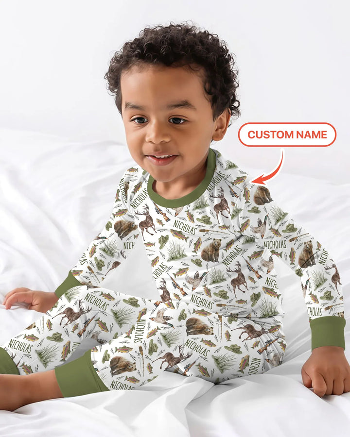 Custom Name Little Hunter Bamboo Two Piece Long Sleeve Pajama Set