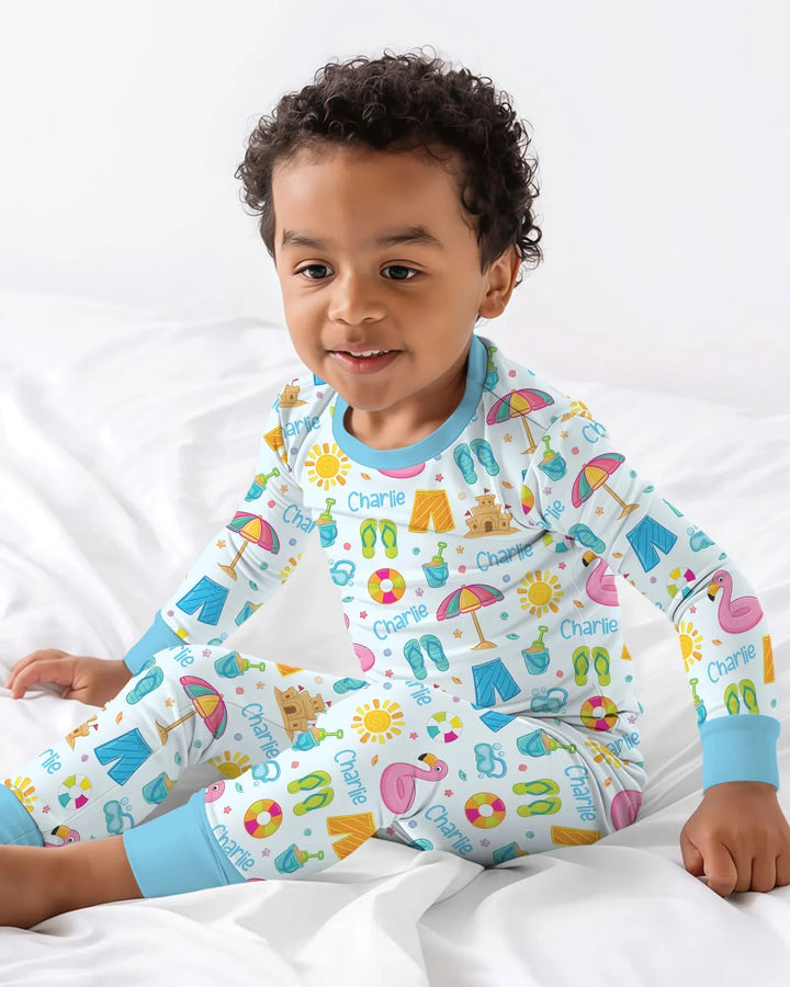 Custom Name Summer is Fun Bamboo Two Piece Long Sleeve Pajama Set