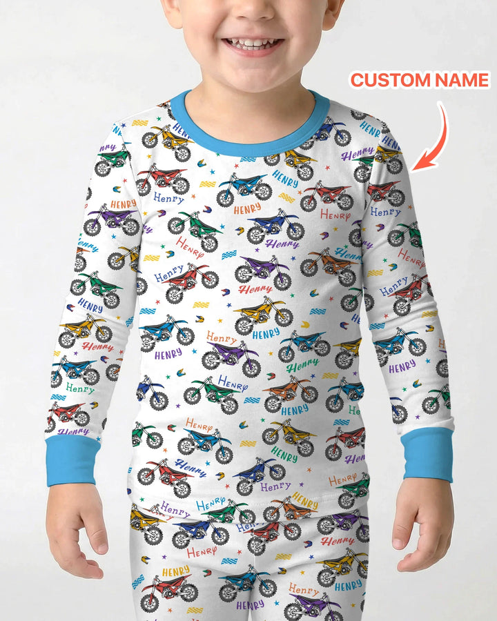 Dirt Track Dreamer Custom Name Daddy & Me Matching Bamboo Two Piece Long Sleeve Pajama Set