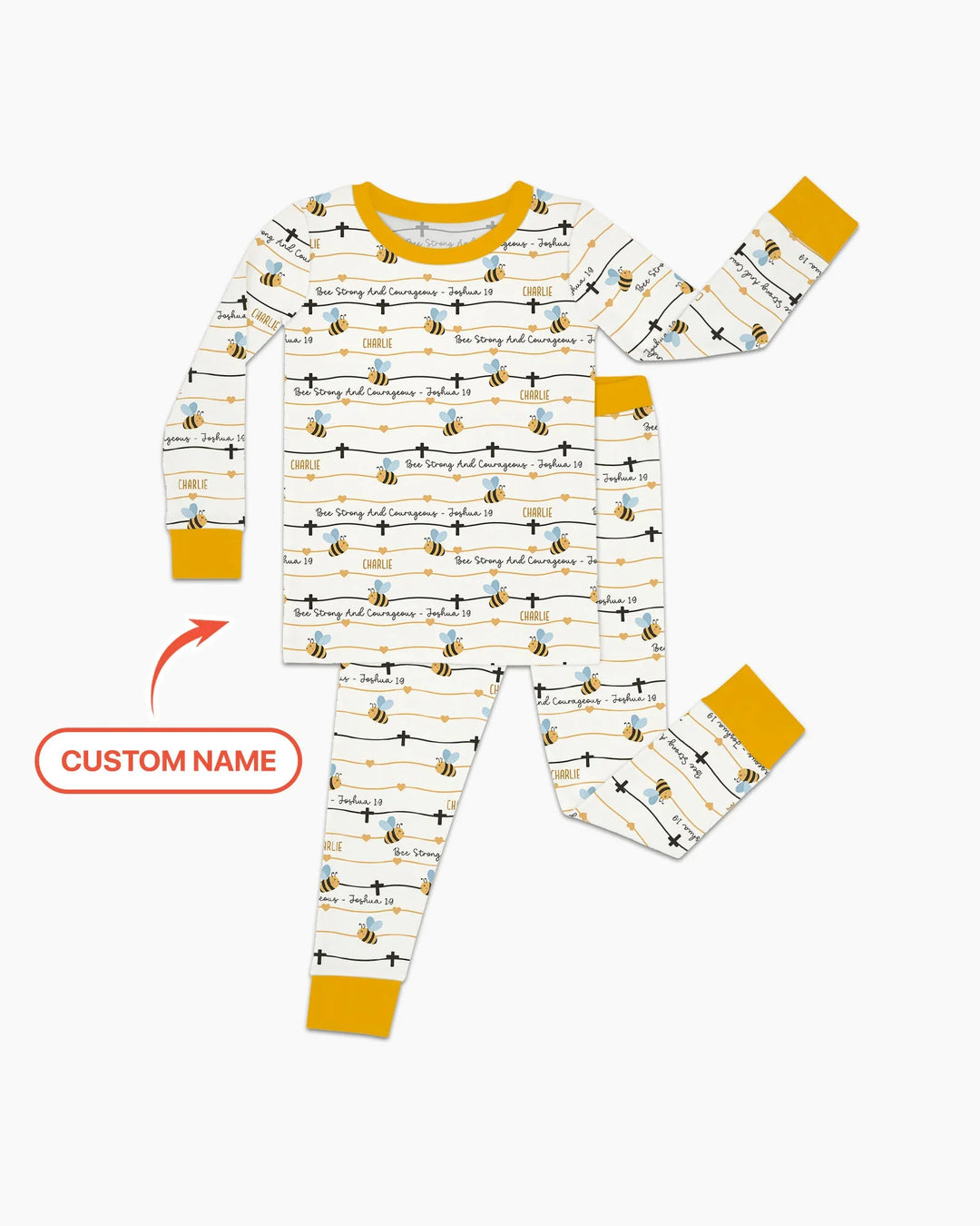 Bee Strong And Courageous Custom Name Bamboo Two Piece Long Sleeve Pajama Set