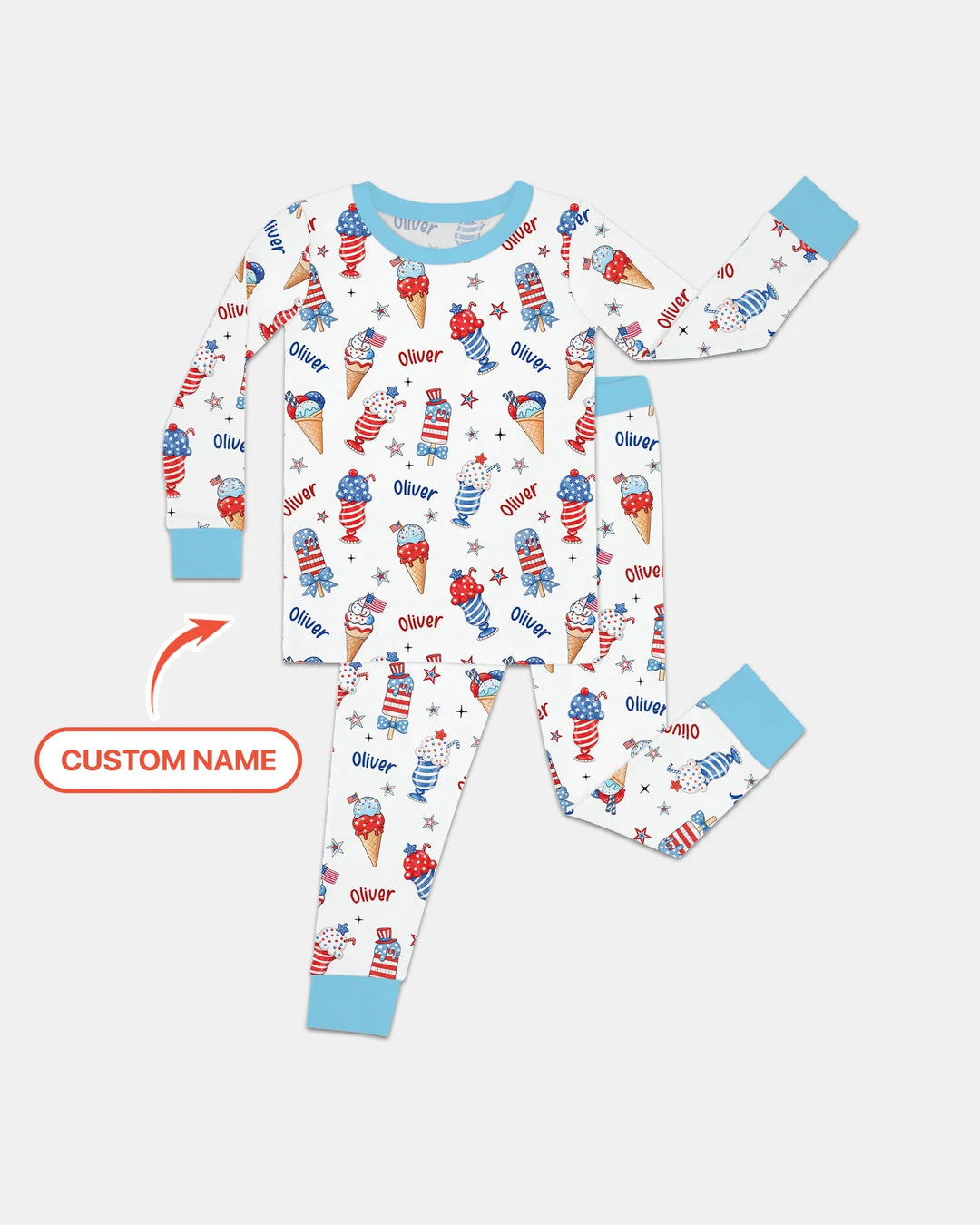 Custom Name Red, White & Ice Cream Bamboo Two Piece Long Sleeve Pajama Set