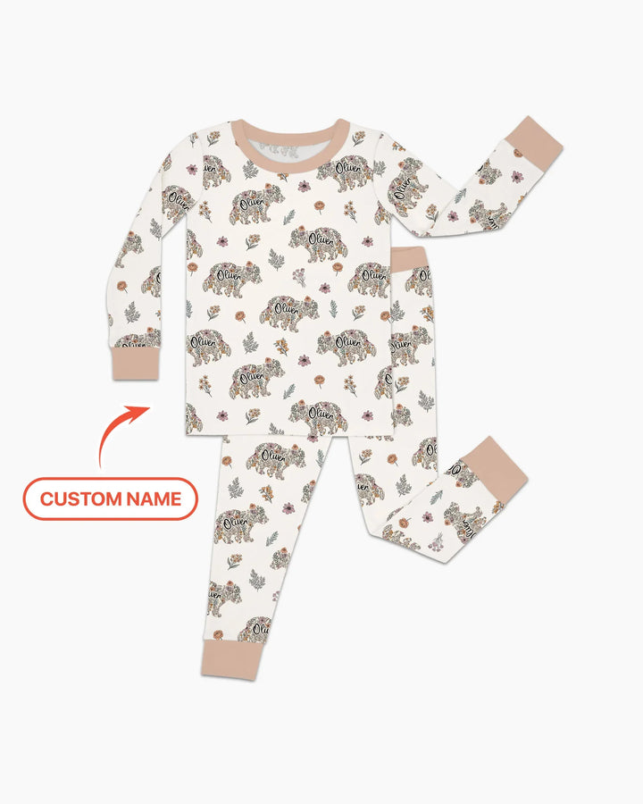 Custom Name Floral Bear Family Matching Bamboo Two Piece Long Sleeve Pajama Set