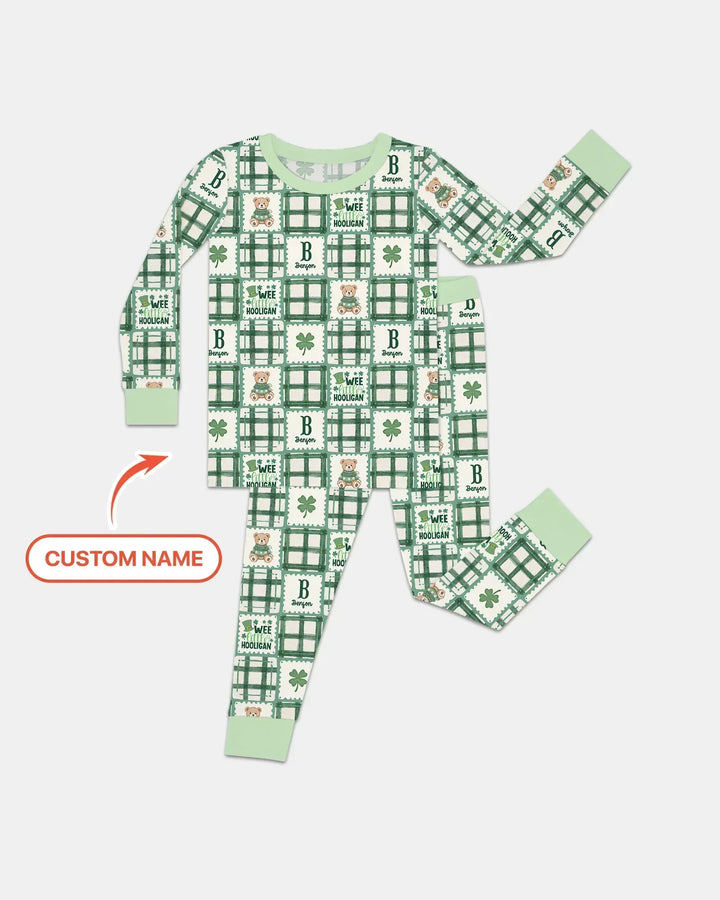 Custom Name Teddy Bear Gingham St. Patrick's Day Bamboo Two Piece Long Sleeve Pajama Set