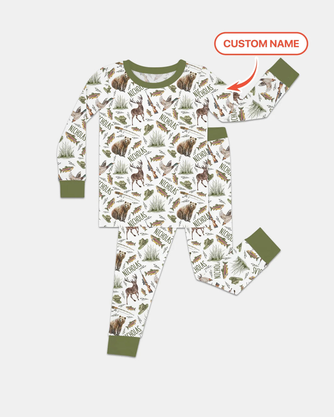 Custom Name Little Hunter Bamboo Two Piece Long Sleeve Pajama Set