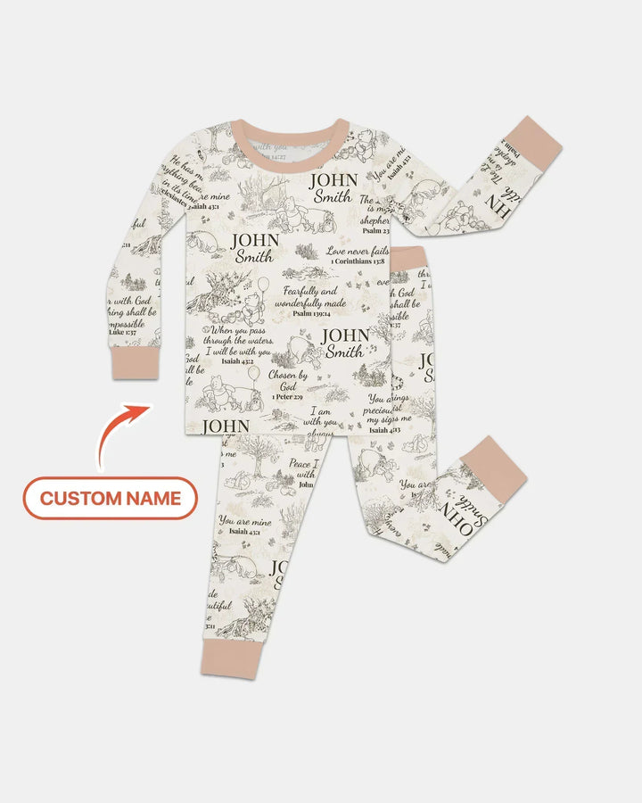 Classic Bear Bible Verse Custom Name Bamboo Two Piece Long Sleeve Pajama Set