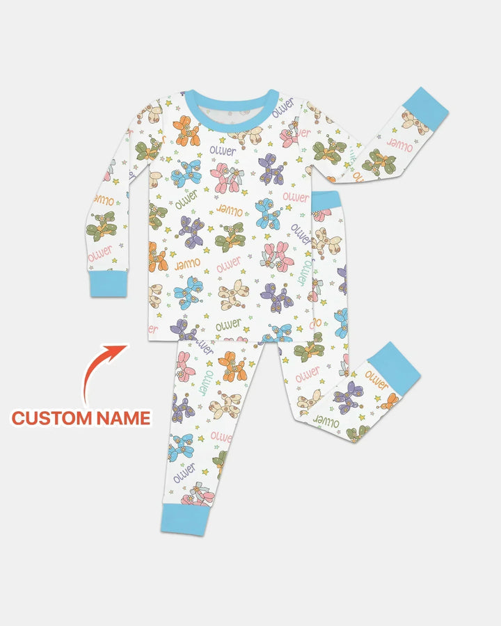 Custom Name Balloon Dog Bamboo Two Piece Long Sleeve Pajama Set