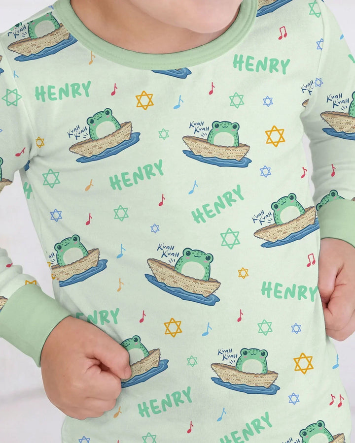 Frogs Here, Frogs There Passover Custom Name Bamboo Two Piece Long Sleeve Pajama Set