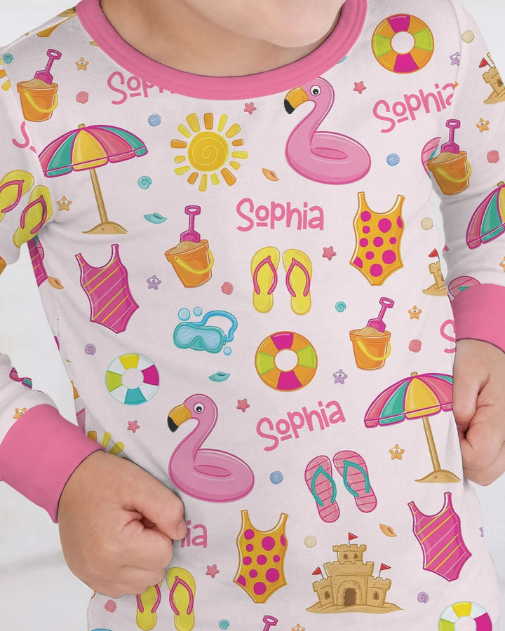 Custom Name Summer is Fun Bamboo Two Piece Long Sleeve Pajama Set
