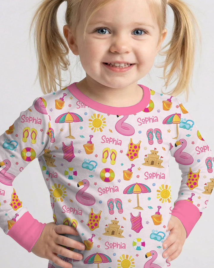 Custom Name Summer is Fun Bamboo Two Piece Long Sleeve Pajama Set