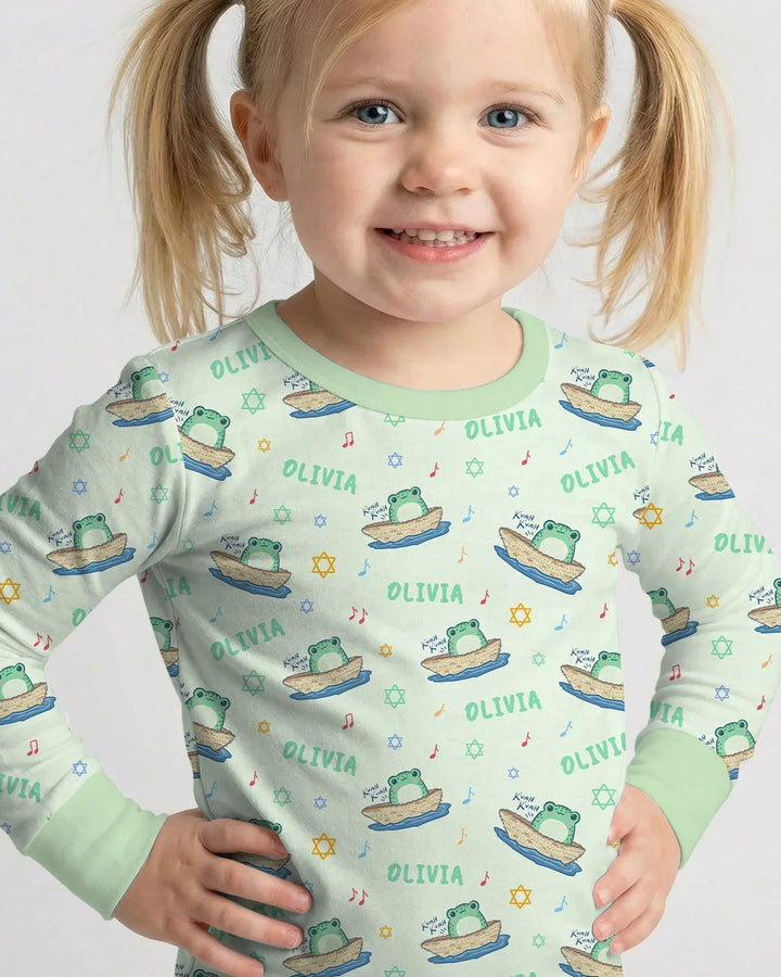 Frogs Here, Frogs There Passover Custom Name Bamboo Two Piece Long Sleeve Pajama Set