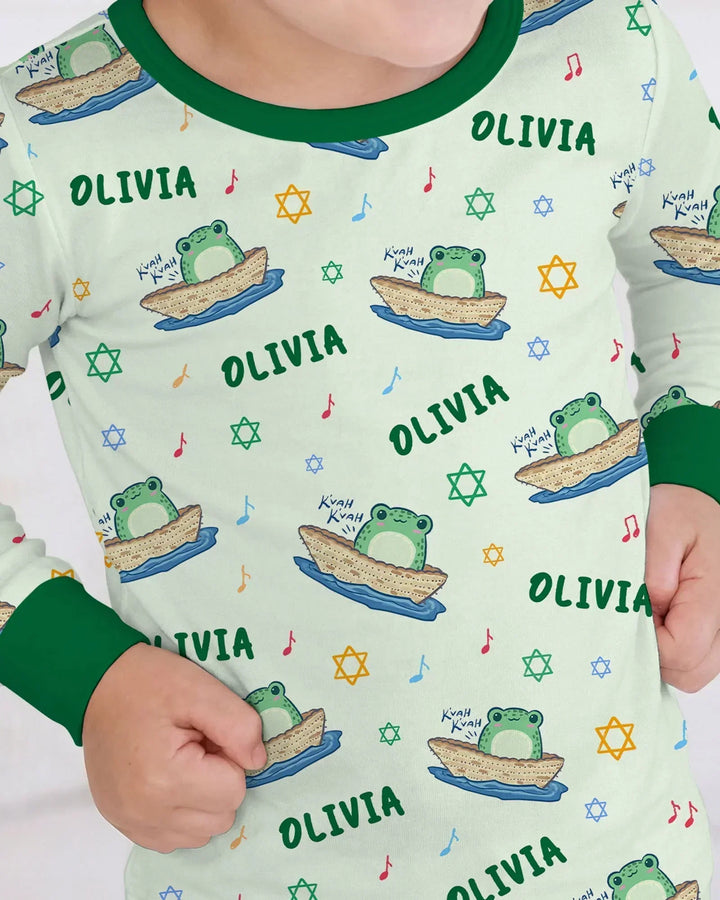 Frogs Here, Frogs There Passover Custom Name Bamboo Two Piece Long Sleeve Pajama Set