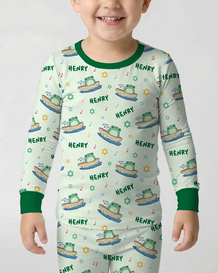 Frogs Here, Frogs There Passover Custom Name Bamboo Two Piece Long Sleeve Pajama Set