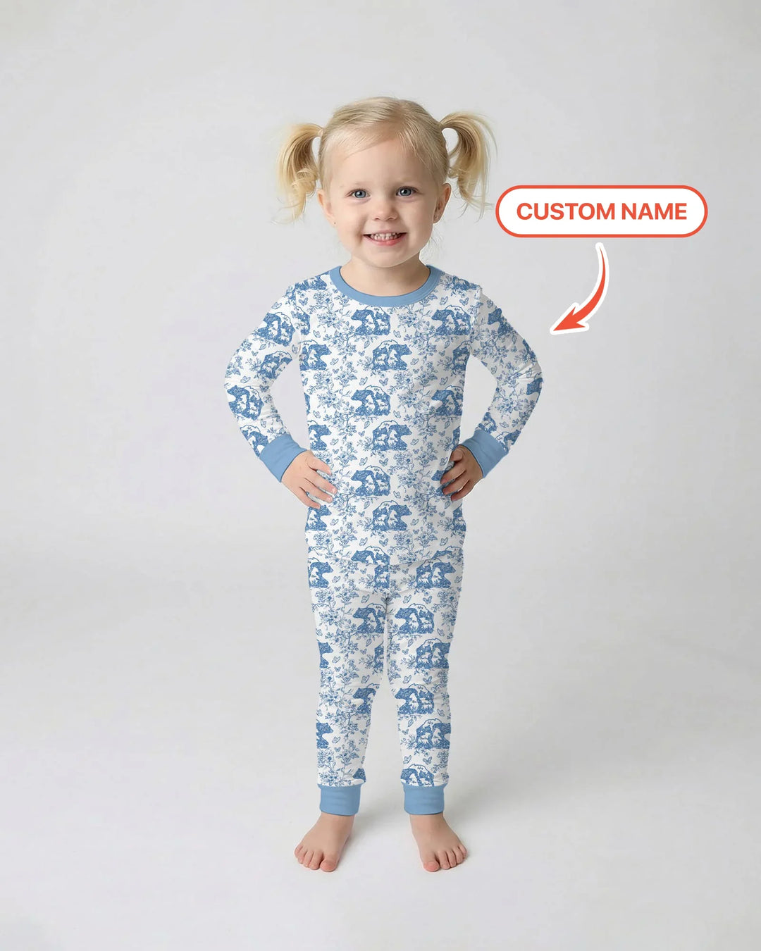 Custom Name Mama Bear Toile Bamboo Two Piece Long Sleeve Pajama Set