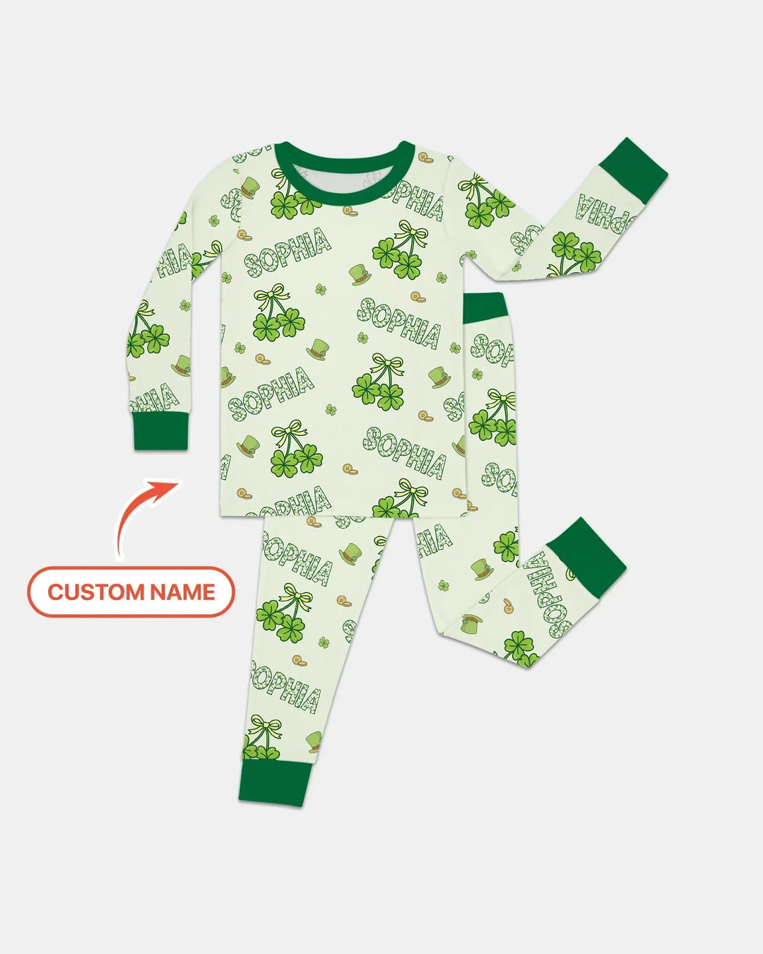 Custom Name Lucky Little Shamrock Bamboo Two Piece Long Sleeve Pajama Set