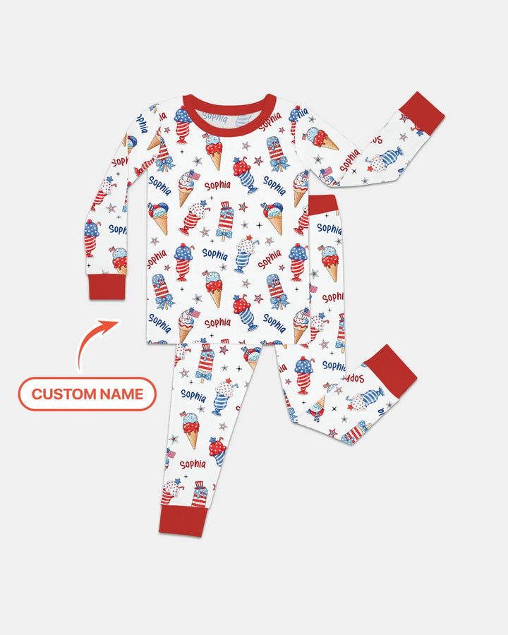 Custom Name Red, White & Ice Cream Bamboo Two Piece Long Sleeve Pajama Set