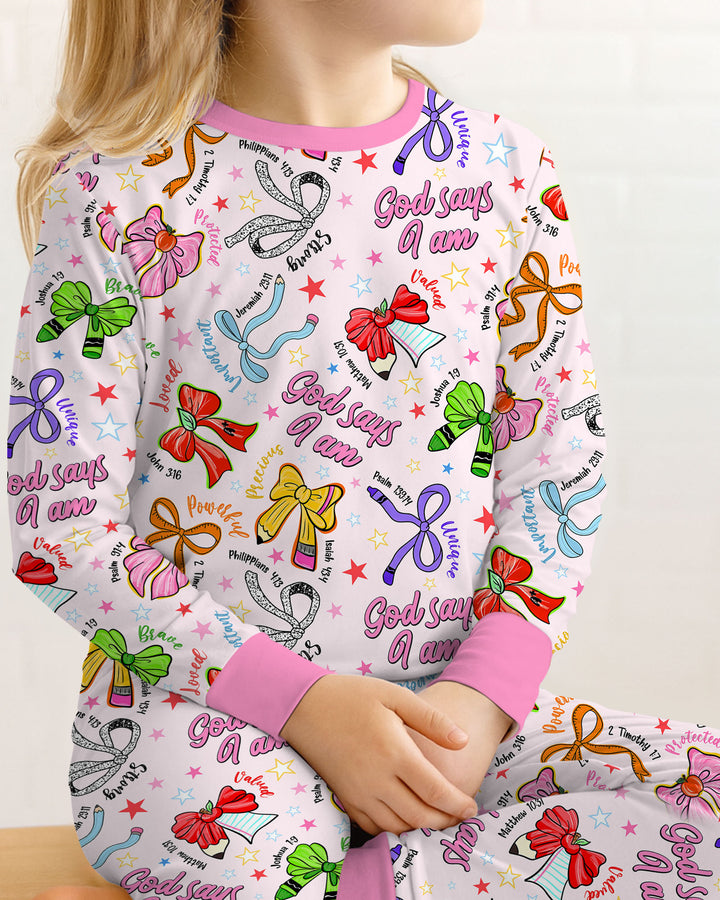 Pencil Bows God Says I Am Bamboo Two Piece Long Sleeve Pajama Set