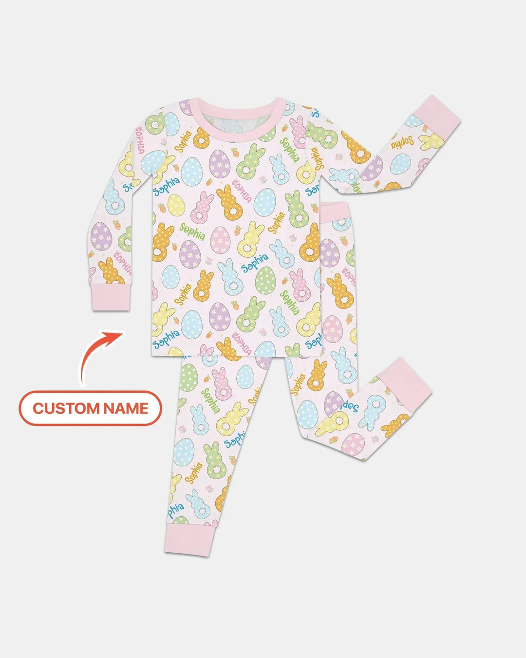 Custom Name Spring Pastel Easter Bamboo Two Piece Long Sleeve Pajama Set