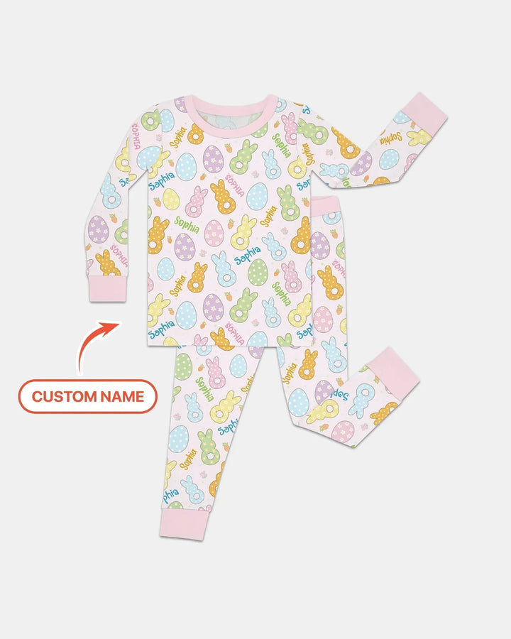 Custom Name Spring Pastel Easter Bamboo Two Piece Long Sleeve Pajama Set