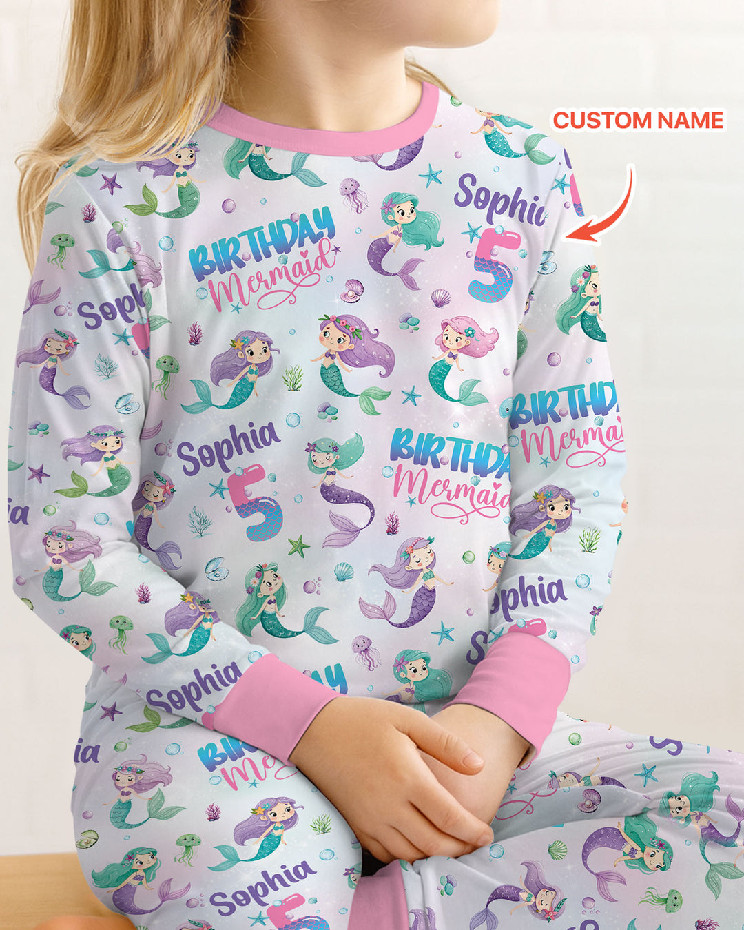 Custom Name and Age Birthday Mermaid Bamboo Two Piece Long Sleeve Pajama Set
