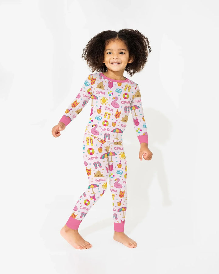 Custom Name Summer is Fun Bamboo Two Piece Long Sleeve Pajama Set