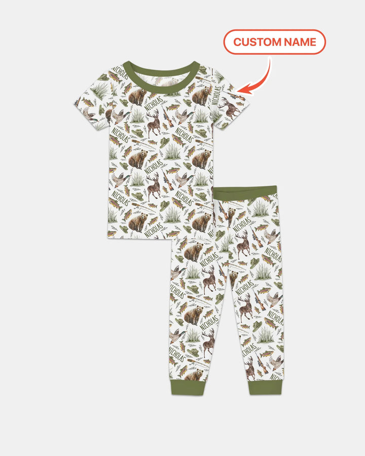 Custom Name Little Hunter Bamboo Two Piece Short Sleeve Pajama Set