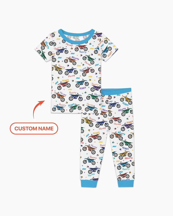 Dirt Track Dreamer Custom Name Daddy & Me Matching Bamboo Two Piece Short Sleeve Pajama Set