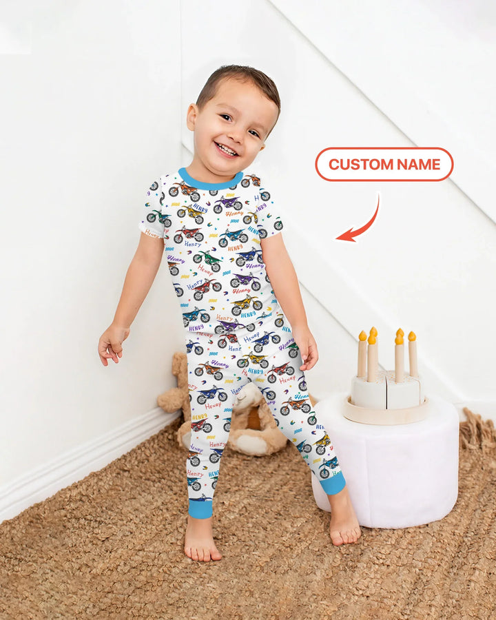 Dirt Track Dreamer Custom Name Daddy & Me Matching Bamboo Two Piece Short Sleeve Pajama Set