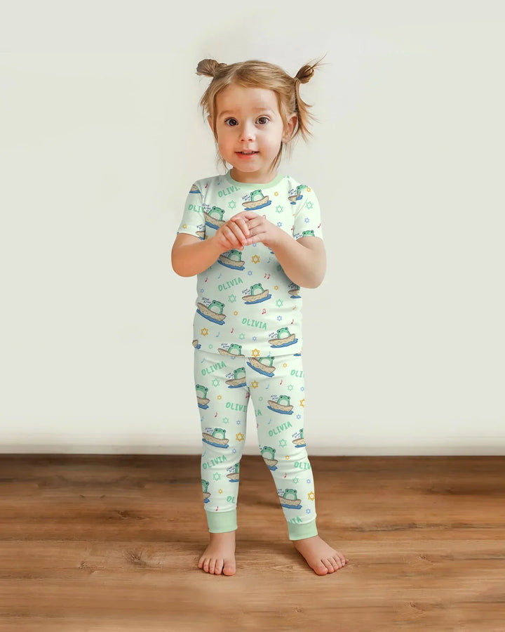 Frogs Here, Frogs There Passover Custom Name Bamboo Two Piece Short Sleeve Pajama Set