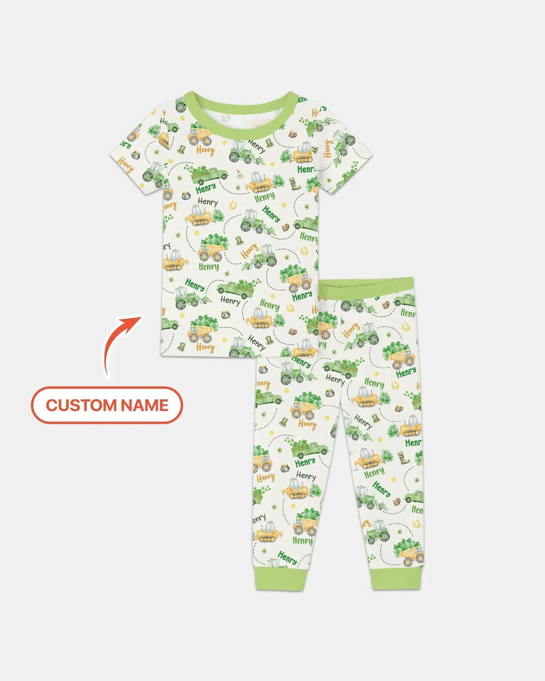 Construction St. Patrick's Day Custom Name Bamboo Two Piece Short Sleeve Pajama Set