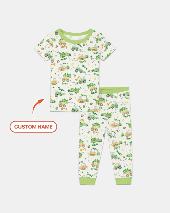 Construction St. Patrick's Day Custom Name Bamboo Two Piece Short Sleeve Pajama Set