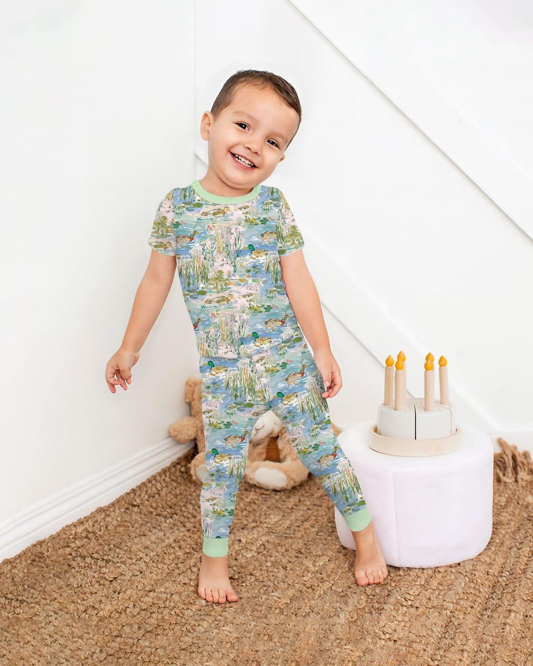 Watercolor Mallard Duck Bamboo Two Piece Short Sleeve Pajama Set