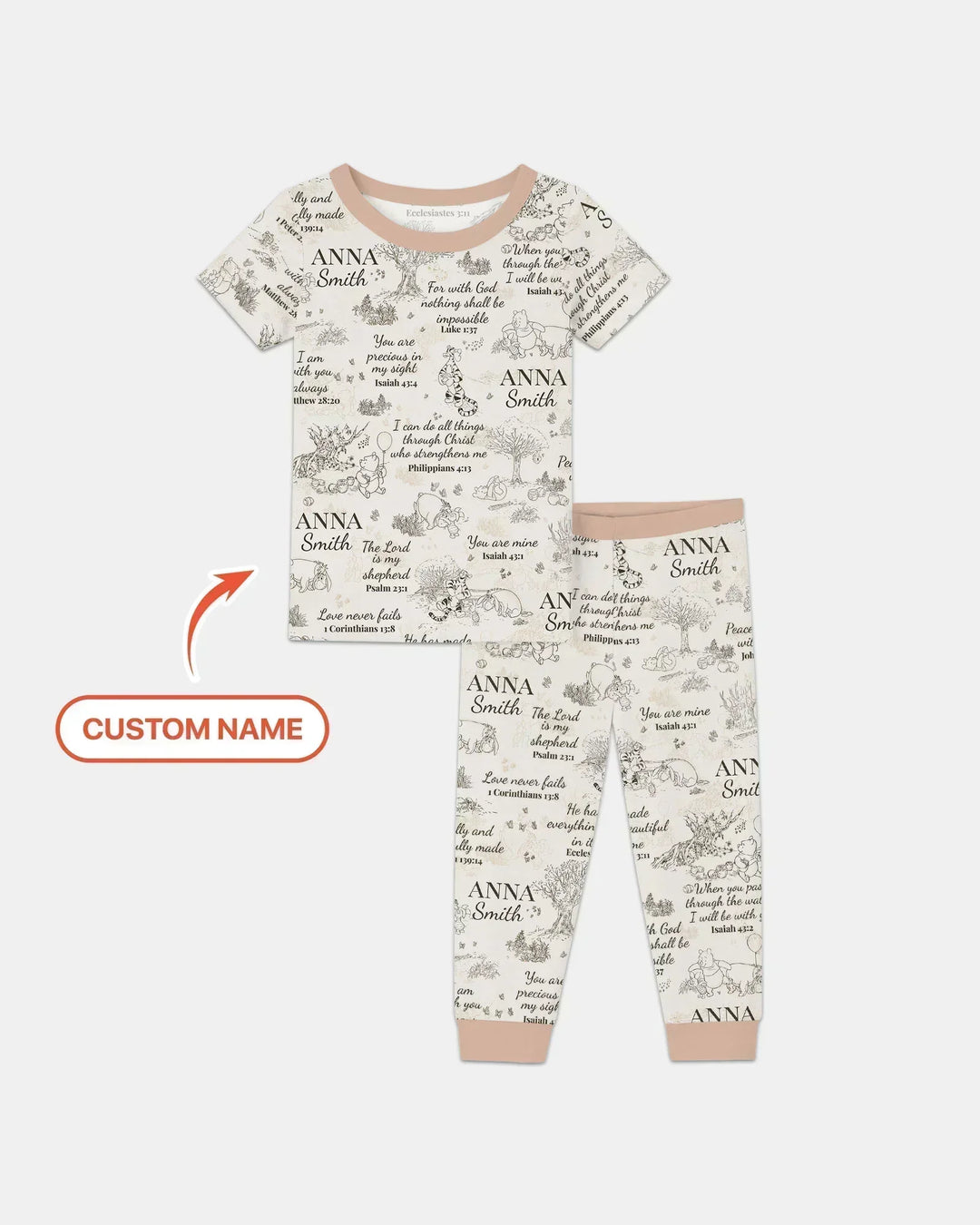 Classic Bear Bible Verse Custom Name Bamboo Two Piece Short Sleeve Pajama Set