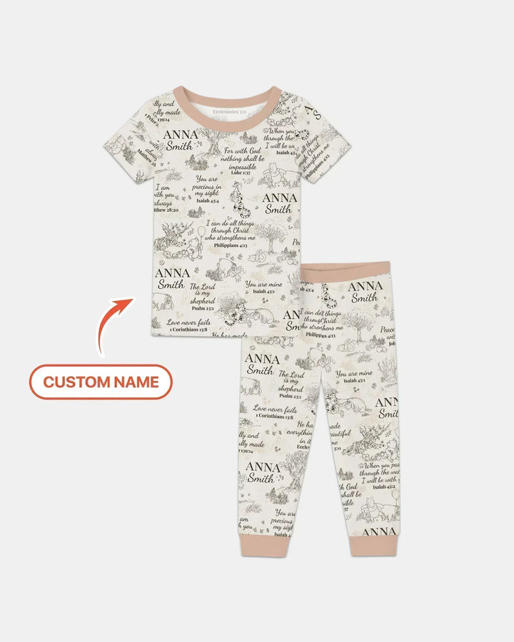 Classic Bear Bible Verse Custom Name Bamboo Two Piece Short Sleeve Pajama Set