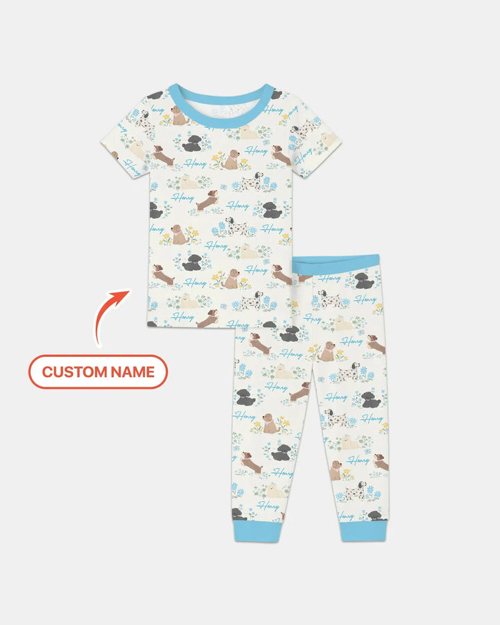 Custom Name Flower Dogs Bamboo Two Piece Short Sleeve Pajama Set