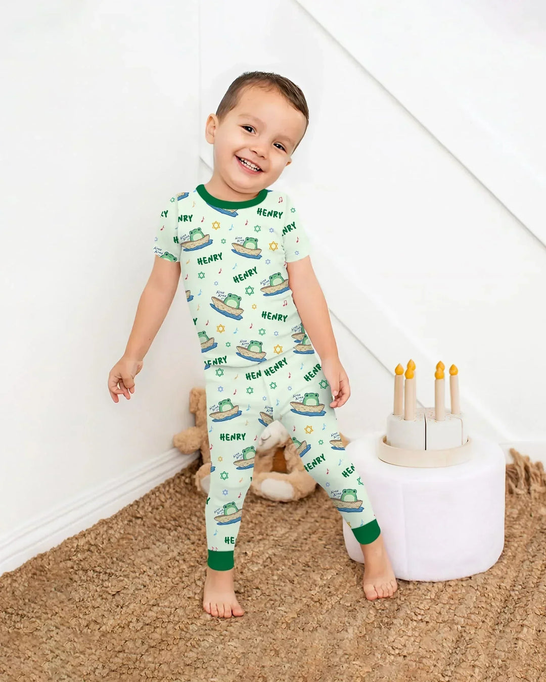 Frogs Here, Frogs There Passover Custom Name Bamboo Two Piece Short Sleeve Pajama Set