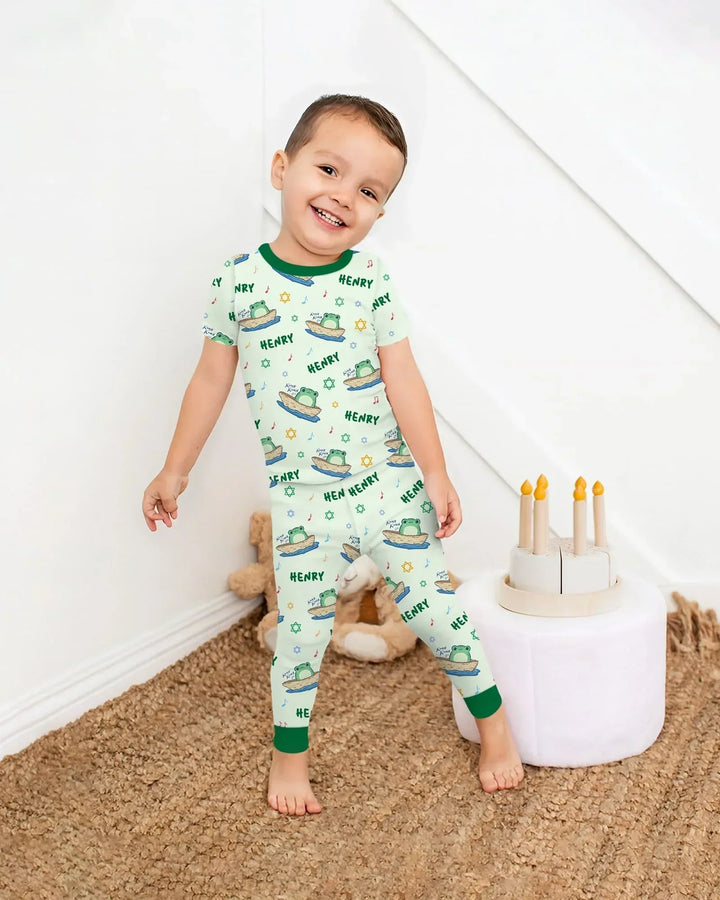 Frogs Here, Frogs There Passover Custom Name Bamboo Two Piece Short Sleeve Pajama Set